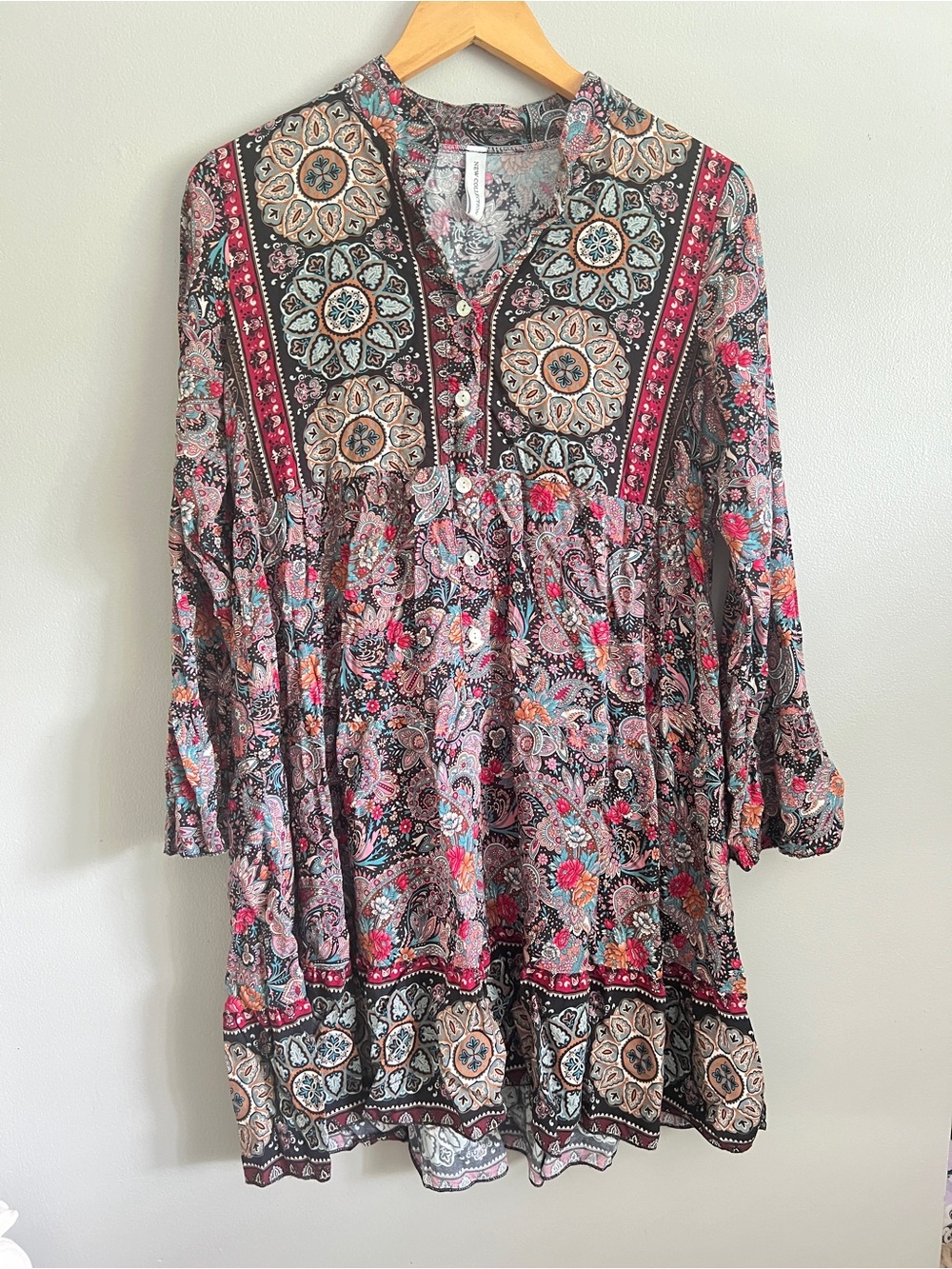 Boho Paisley Button-Front Tunic Top - Pink Multi